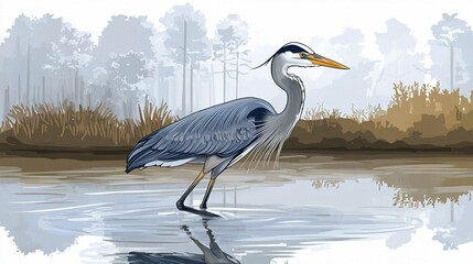 Great Blue Heron Fishing by the Water in Florida Wildlife Scene
