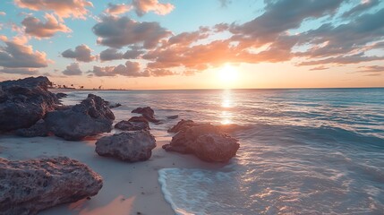 Sunset Beach Scene with Rocks. Tropical Paradise, Coastal Beauty, Relaxation.