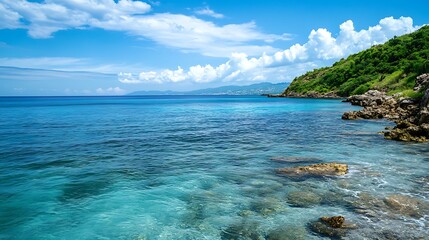 Fototapeta premium Tropical Coastline, Turquoise Water, and Lush Landscape. Concept of Vacation, Relaxation, and Nature.