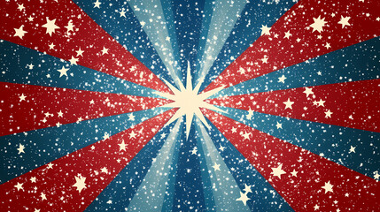Patriotic red, white, and blue starburst background with confetti. Starburst. Illustration