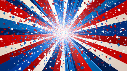 Patriotic red, white, and blue starburst background with confetti. Starburst. Illustration