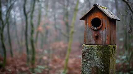 Rustic birdhouse on mossy post in foggy forest.