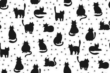 Cats hand drawn childish seamless pattern. Silhouette kitten repeat wallpaper. Funny cats in different poses endless design for paper print, fabric textile, wrapper backdrop template vector for kids