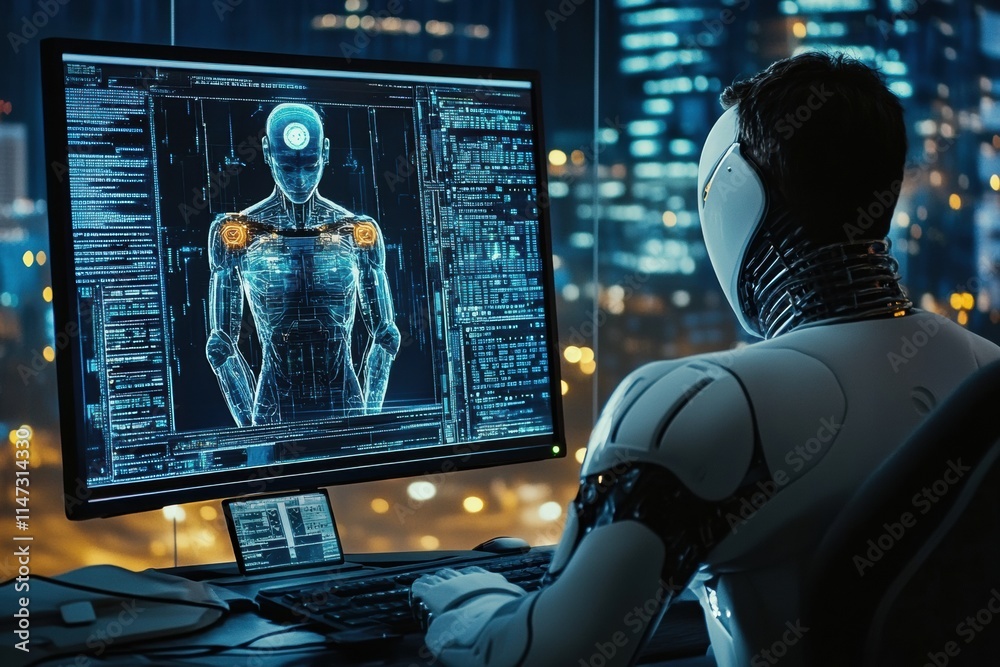 Poster human and ai collaborating on innovative tasks in a futuristic urban office at night with city light
