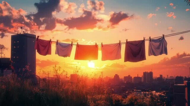 A Sunset Silhouette, Colorful Clothesline Silhouetted Against a Vibrant Sunset, with the theme of natural beauty. anime video stock.