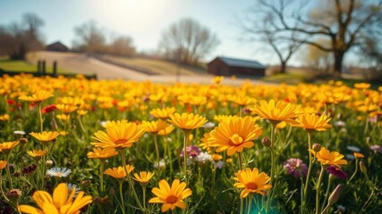 Obraz premium Vibrant yellow daffodil flowers blooming in a scenic field under the bright sun, rural, outdoor, countryside
