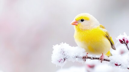 Obraz premium A small yellow bird perches on a snow-covered branch during winter.