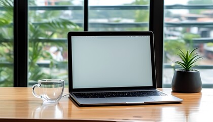 Fototapeta premium Productivity boost laptop and plants on a wooden desk indoor office space minimalist design calm environment inspirational view