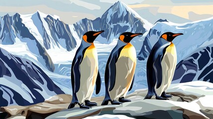 Fototapeta premium Emperor Penguin Illustration in Arctic Landscape Surrounded by Ice and Snow