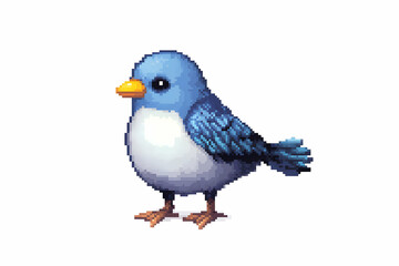 Obraz premium Pixel Art Cute Blue Bird, White Background, Game Asset.