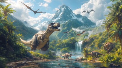 Dinosaurs in a lush jungle landscape with a mountain and waterfall. Generative AI
