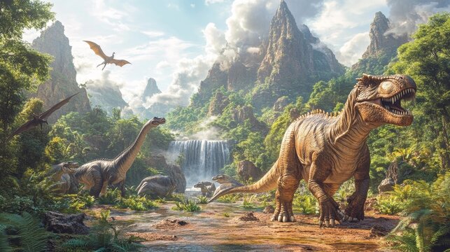 Fototapeta Fantasy dinosaur landscape with lush greenery. Generative AI