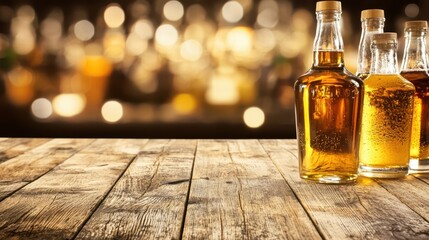 Bottles of Golden Liquor on Wooden Bar Top with Blurred Background