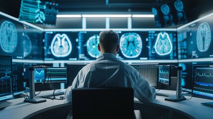Man sitting at computer terminal analyzing real time data and visual information on multiple screens in a high tech control room environment  Concept of data analytics business intelligence
