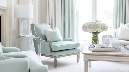 Fototapeta premium Elegant light blue armchair in a bright living room
