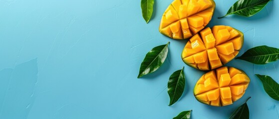 Sliced yellow mango on a bright colorful background. Top down aerial view of sliced mango scattering around at vibrant color background. Flat lay composition with copy space. Tropical fruit. AIG55.