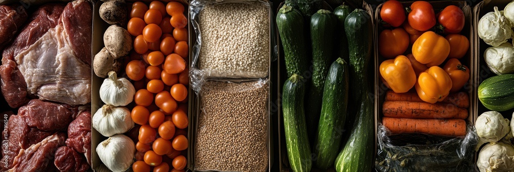 Aufkleber Fresh vegetables and meat arranged in boxes with grains on a wooden surface showcasing vibrant colors. Generative AI