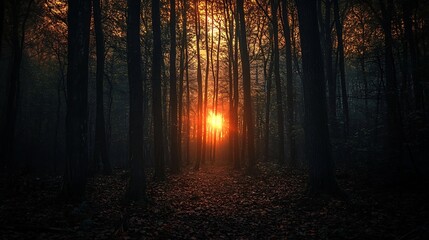 Naklejka premium Mysterious Forest Path at Sunset. Concept of mystery, solitude, and nature.