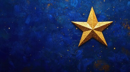 Fototapeta premium Golden star emitting a halo of warm light on a deep royal blue background, enhanced with shimmering sparkles and glowing highlights
