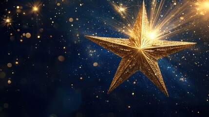 Golden star on a rich dark blue background, surrounded by radiant light beams and sparkling effects, creating a luxurious celebration feel