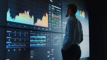 Businessman analyzing data on large screen.