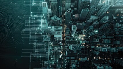 Obraz premium Skyline cityscape isometric with detailed about road for transportation and location of high tech infrastructure building. Business structure inside architectural map for residence and tourism. AIG53.