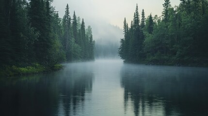 Misty morning river scene with evergreen trees reflecting on calm water.