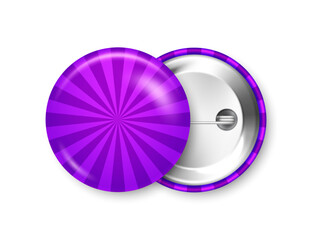 Realistic colorful funky badges. Sunburst effect. Glossy 3D round button. Pin badge, brooch mockup for product promotion and advertising. Vector illustration