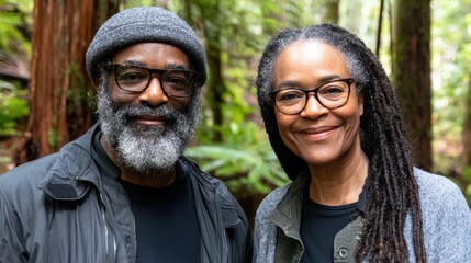 Fototapeta premium Portrait of a Smiling Couple in a Lush Forest Environment