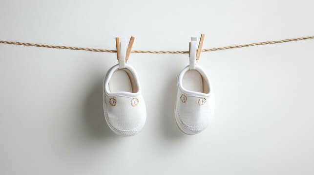 Tiny white baby shoes hanging on a clothesline.