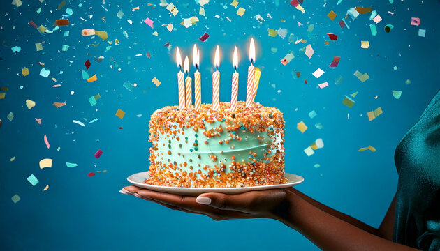 Partial view of woman hand holding birthday cake with candles on blue background with confetti pieces concept for b-day celebration