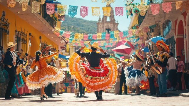Vibrant street parade with dancers in colorful traditional costumes.