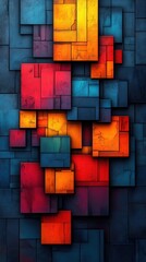 A vibrant abstract artwork featuring colorful geometric shapes layered against a dark background.