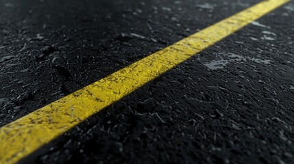 Fototapeta premium Wet asphalt road surface with a single painted yellow line running diagonally across the frame.