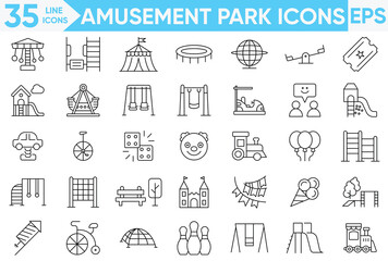 Amusement park line icons set.Included icons as kids outdoor toy, sandbox, children parks, slide, monkey bar, dome climber.vector and illustrator set
