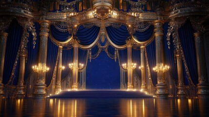 Obraz premium Luxurious royal blue and gold backdrop with glowing light accents and ornate decorations, ideal for Hollywood or Bollywood-style award nights