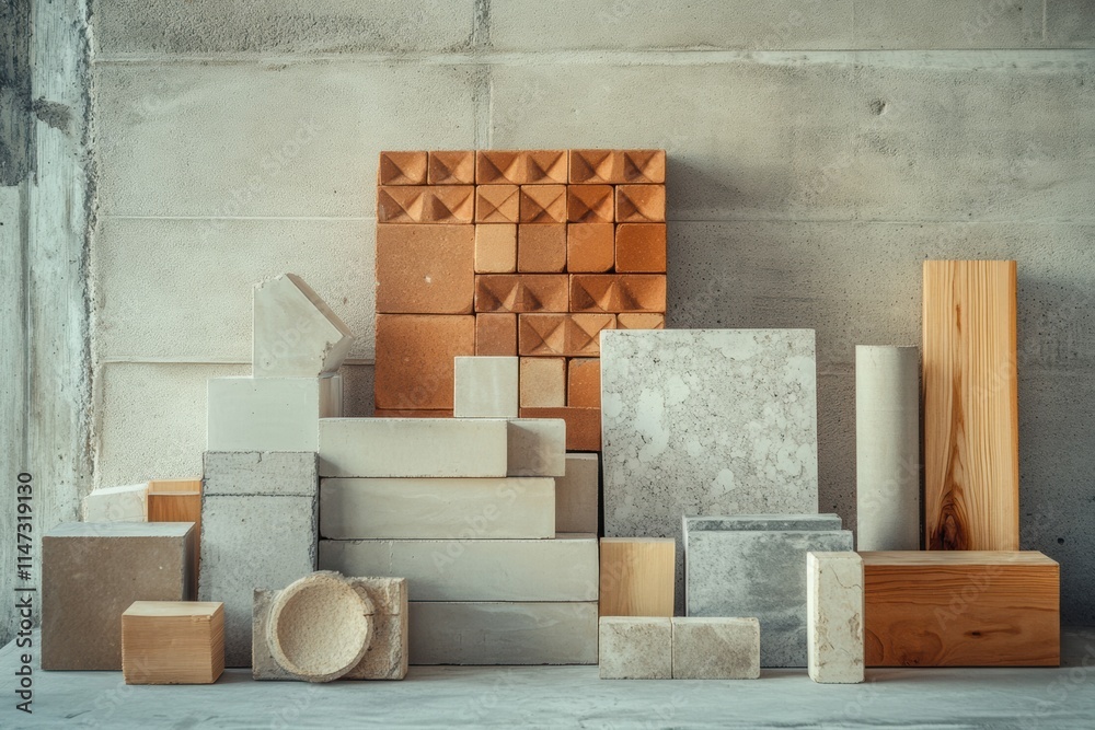 Aufkleber Variety of construction materials including bricks and wood arranged on a surface with empty space in a workshop. Generative AI