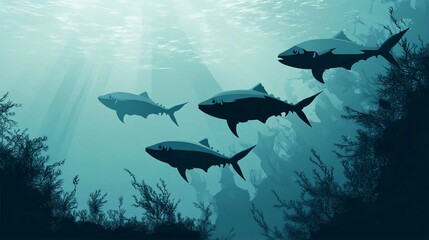 Fototapeta premium Underwater Marine Life Illustration of Sharks and Dolphins Swimming in a Blue Ocean Reef