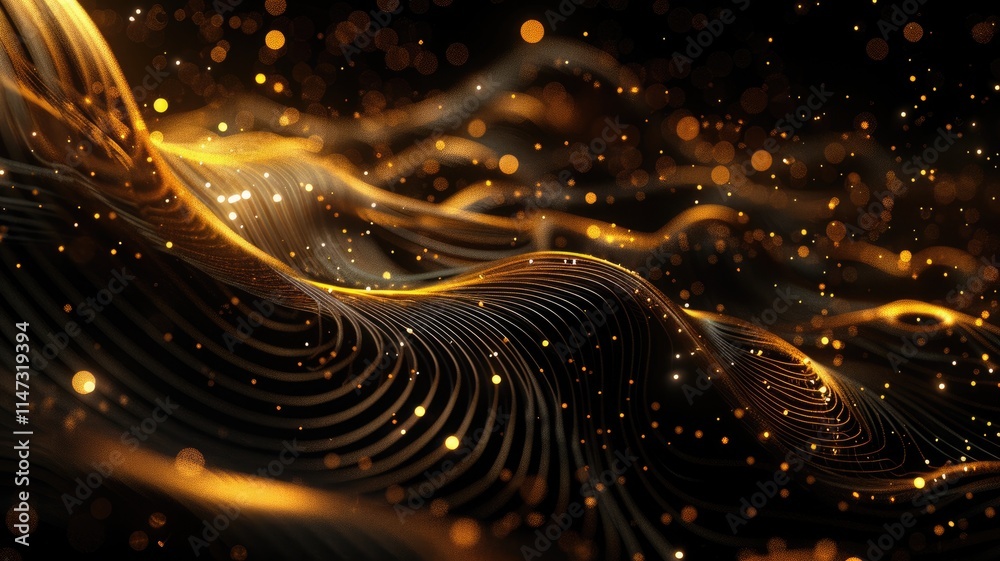 Poster a mesmerizing futuristic abstract background featuring flowing waves illuminated by golden light, cr