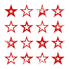 Obraz premium Red vintage stars with cracks and stains. Old hand-drawn sign, black simple shape. Retro design element with distressed effect, grunge texture. Vector illustration