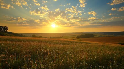 Obraz premium Sunset over golden field landscape