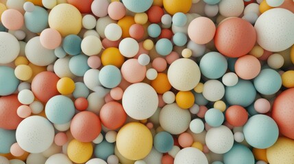Fototapeta premium Overhead view of a colorful mix of pastel soft balls, arranged in a dynamic and random pile, ideal for kids' play areas and party themes