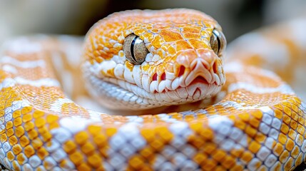 Fototapeta premium Close-up of an orange and white python's head and coils.