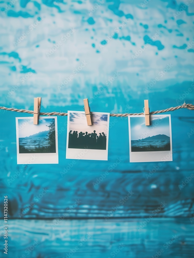 Aufkleber Polaroid photos displayed creatively on a string, featuring various scenes against a vibrant blue background. Generative AI