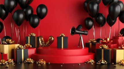 Realistic 3D Black Friday setup with a bold red podium, surrounded by glossy black balloons, gold ribbons, colorful gift boxes, and megaphones for a festive look