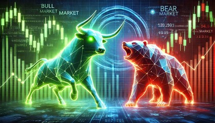 Fototapeta premium Dynamic Stock Market Visual Bull and Bear in High-Tech Style