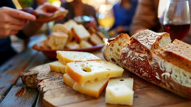 Unfocused glimpse of a group of friends sampling locally made bread and cheese.