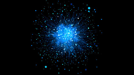 A bright blue starburst with glowing particles on a black background. Starburst. Illustration