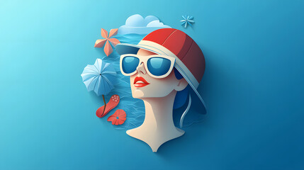 Stylish summer illustration of a woman in sunglasses and a sunhat, surrounded by tropical elements on a blue background, perfect for travel, beach vibes, and creative projects