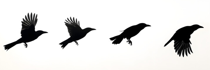 Obraz premium Silhouettes of crows in flight, showcasing various wing positions in a minimalist black design, perfect for nature art, creative projects, and wildlife-themed illustrations
